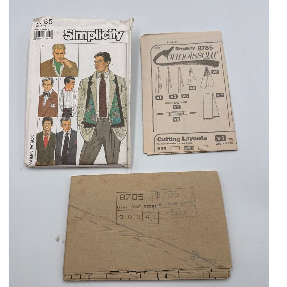 Simplicity 8785 Sewing Pattern Mens Bow Tie Necktie Ascot Cummerbund Scarf UNCUT